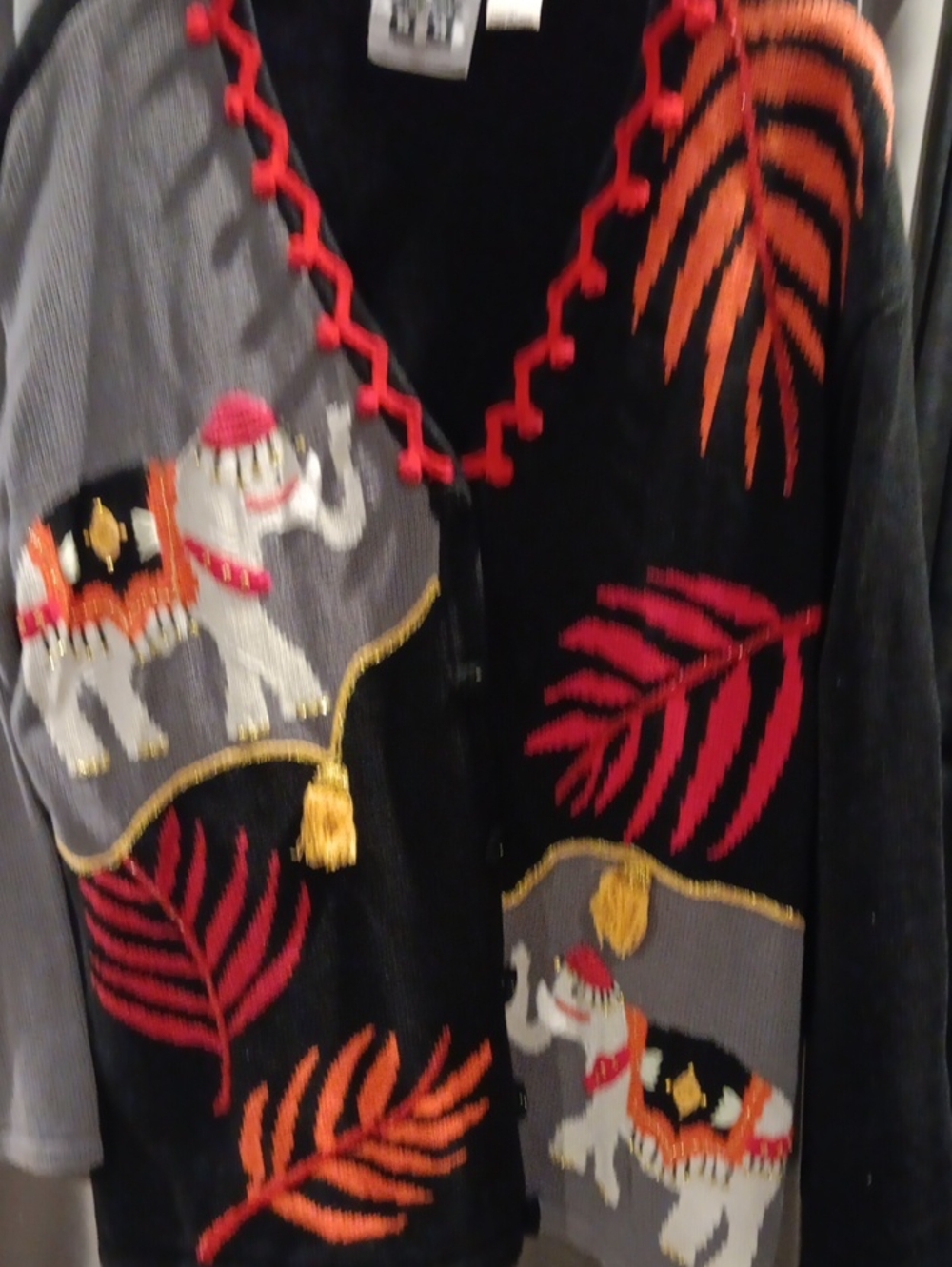 Embroidered Elephant Cardigan — Black with Red & Orange Accents